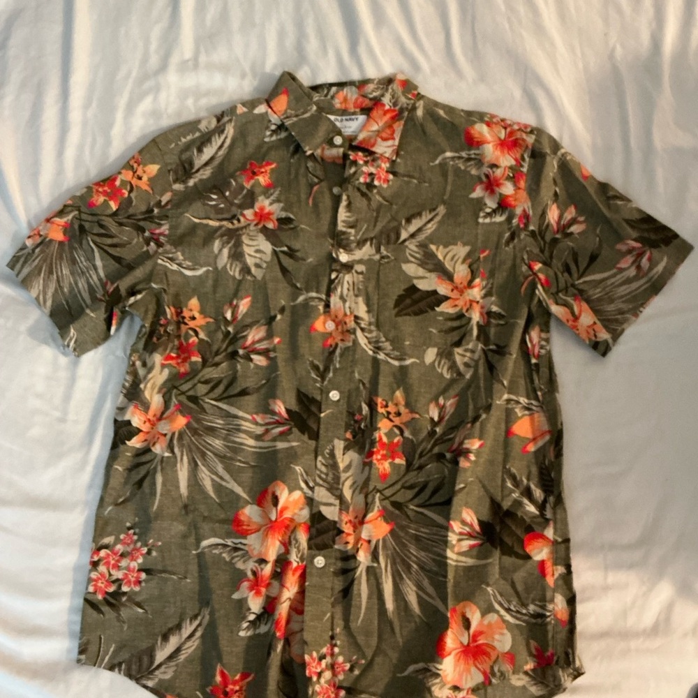Old Navy Green and Red Casual Button Down Shirt with Tropical Print